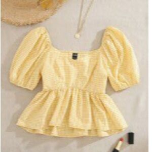 SHEIN Yellow Puff Sleeve Peplum Blouse